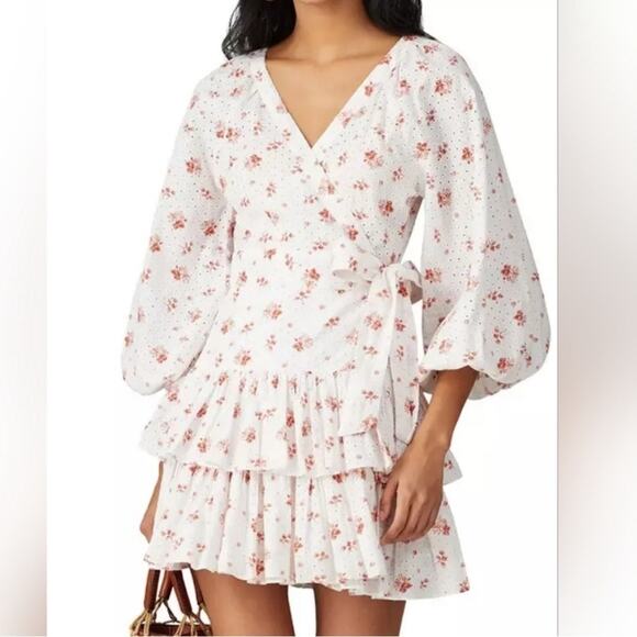 Maia Bergman Floral Ines Dress S Eyelet Wrap Pink White Travel Beach Bridal Grad - Picture 1 of 10